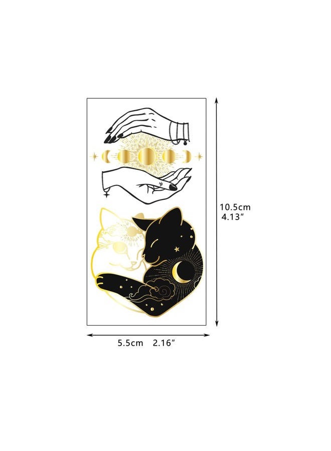 Glaryyears 9 Sheets Black Small Temporary Tattoo, Hands Face Tattoo Sticker for Men Women, Metallic Gold Silver Flower Space Moon Snake Cat Diamond Designs on Arm Neck Shoulder Clavicle Waterproof - Image 4